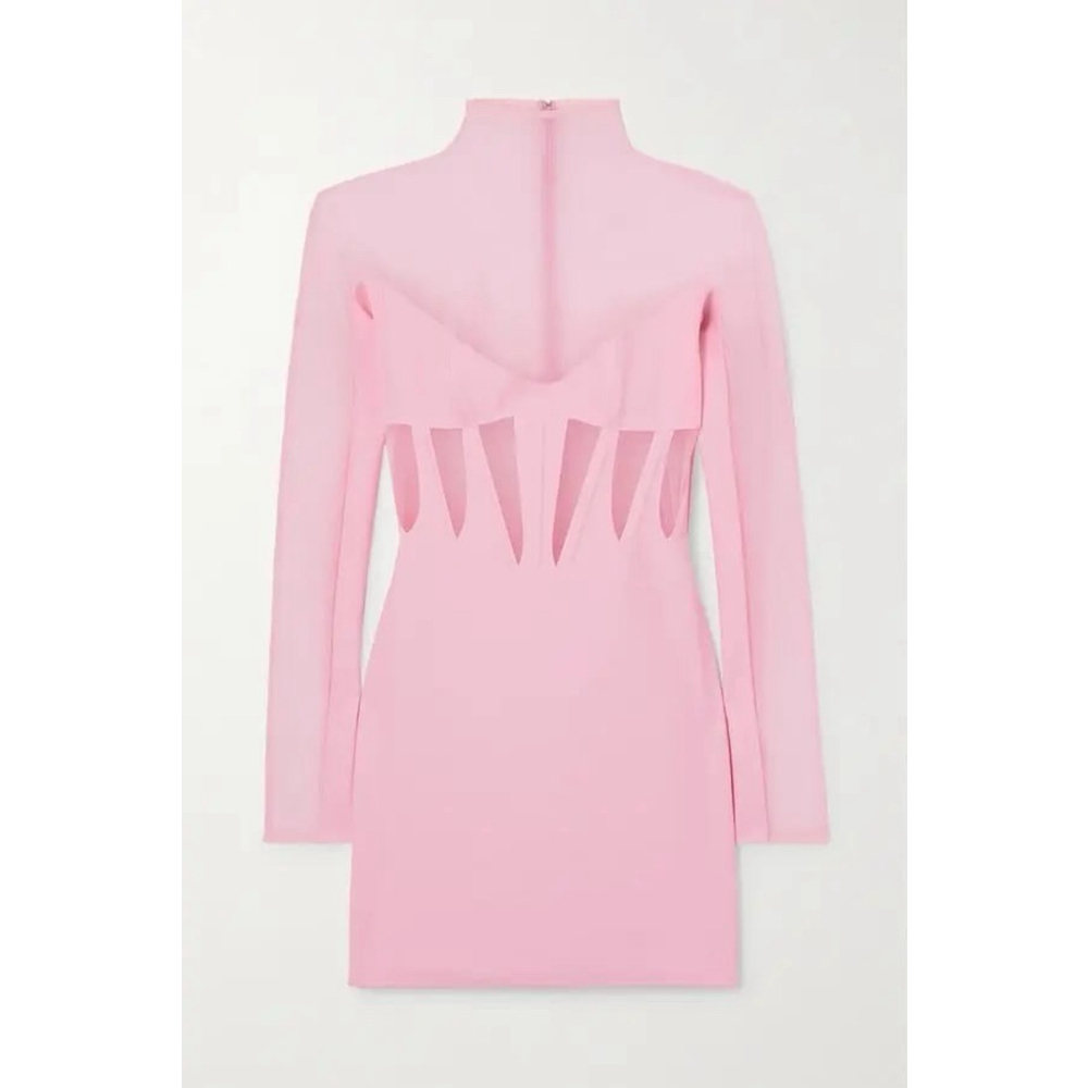 MUGLER Tulle-Paneled Stretch-Jersey Mini Dress Pink Women’s Size 40 US 8 Bodycon